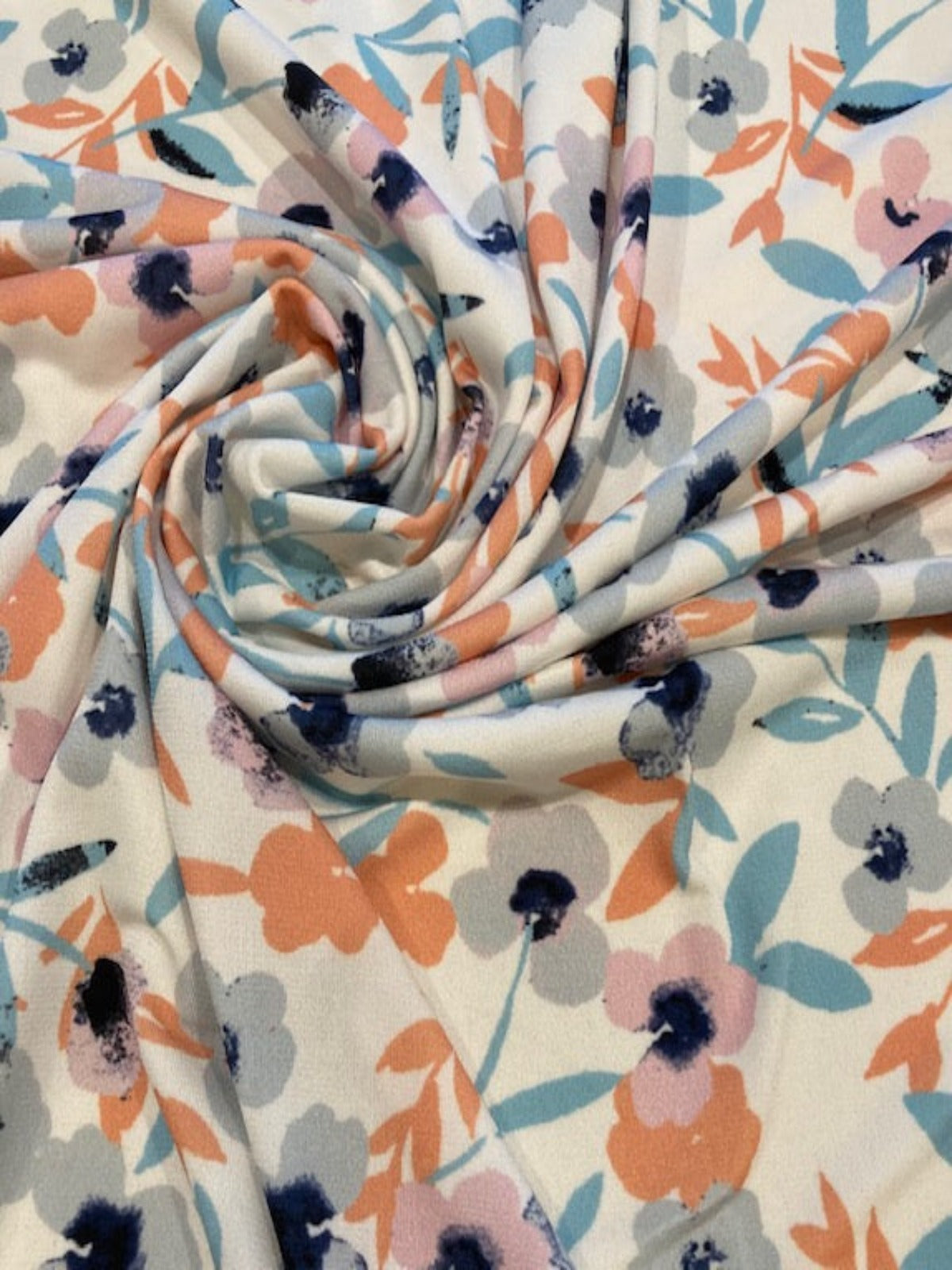 Pastel Orange & Pastel Teal Flowers on Ivory Jersey