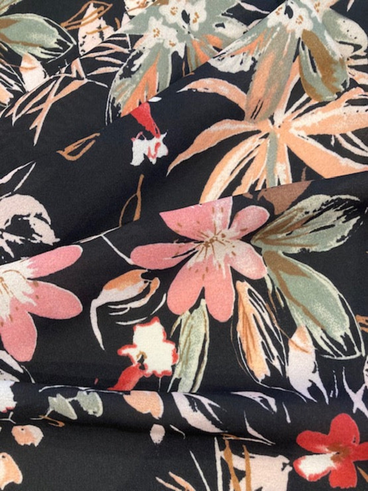 Multi Flowers on Black Crepe De Chine