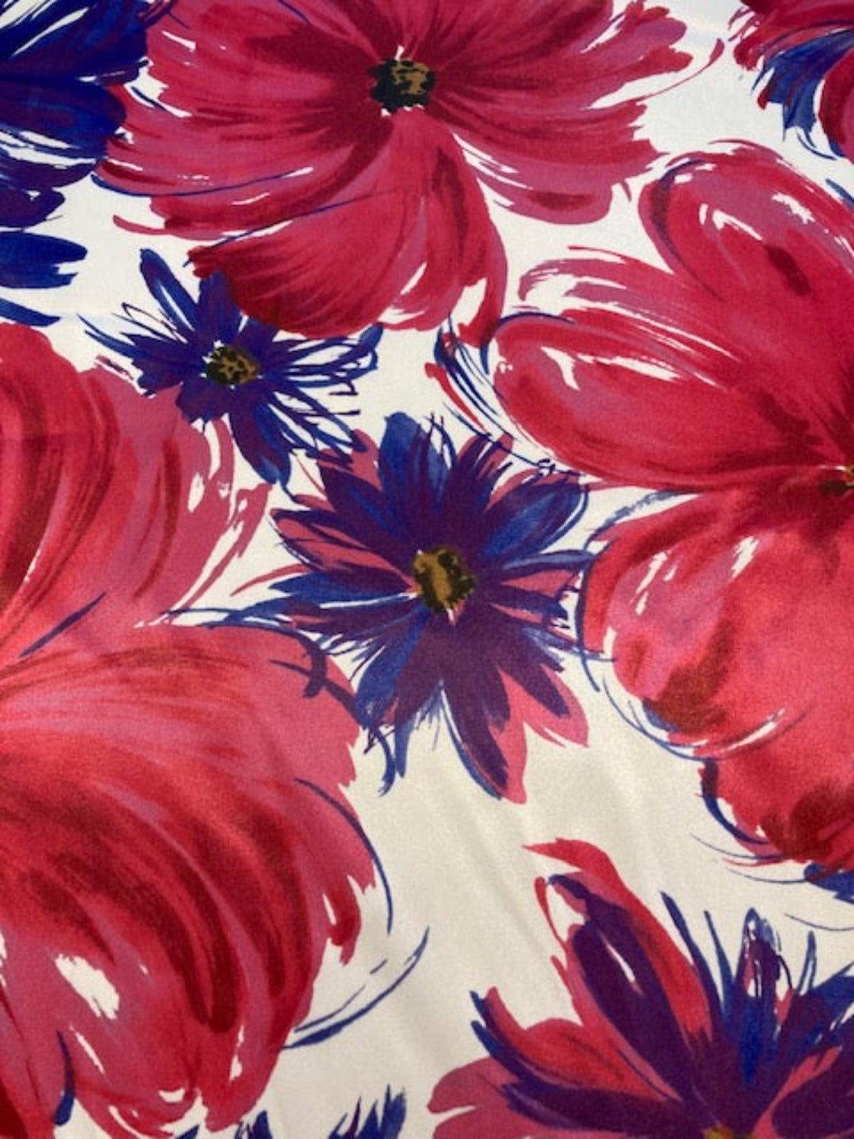 Bright Pink/Violet Flowers on Ivory Stretch Satin