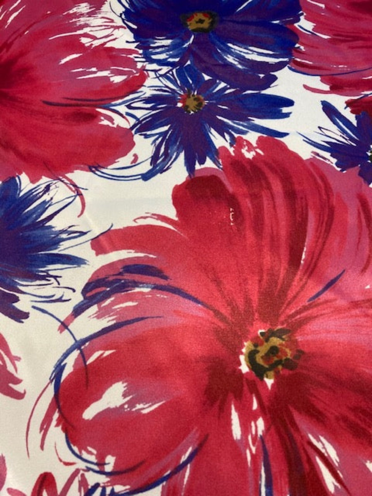 Bright Pink/Violet Flowers on Ivory Stretch Satin