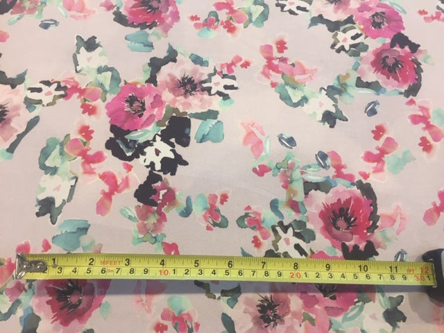 Multi Flower Print on Pale Mauve Linen / Rayon Stretch