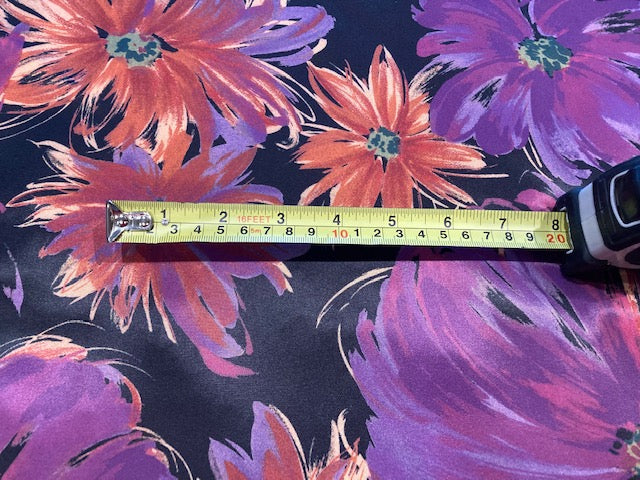 Orange / Purple Flowers on Black Stretch Satin