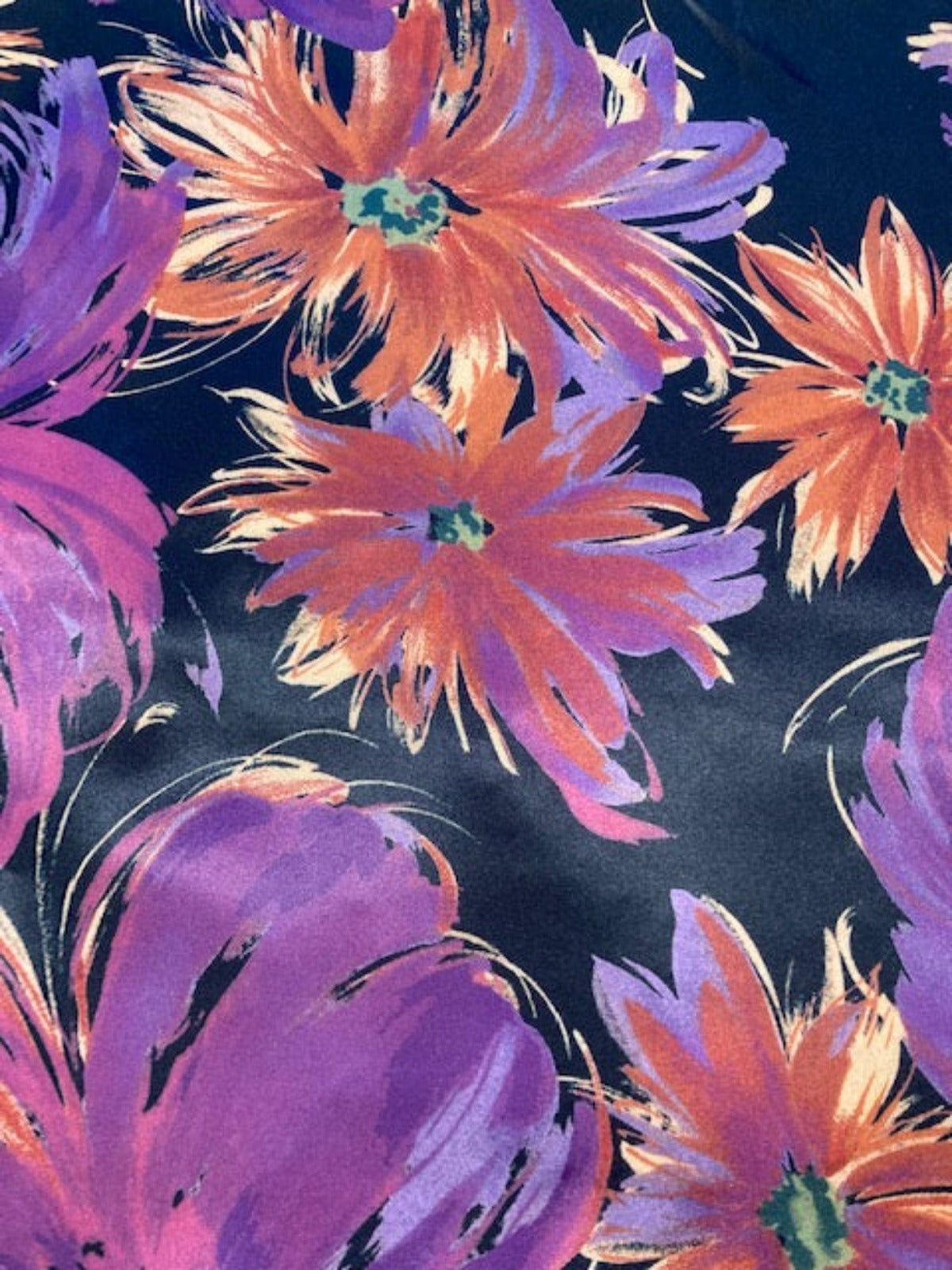 Orange / Purple Flowers on Black Stretch Satin