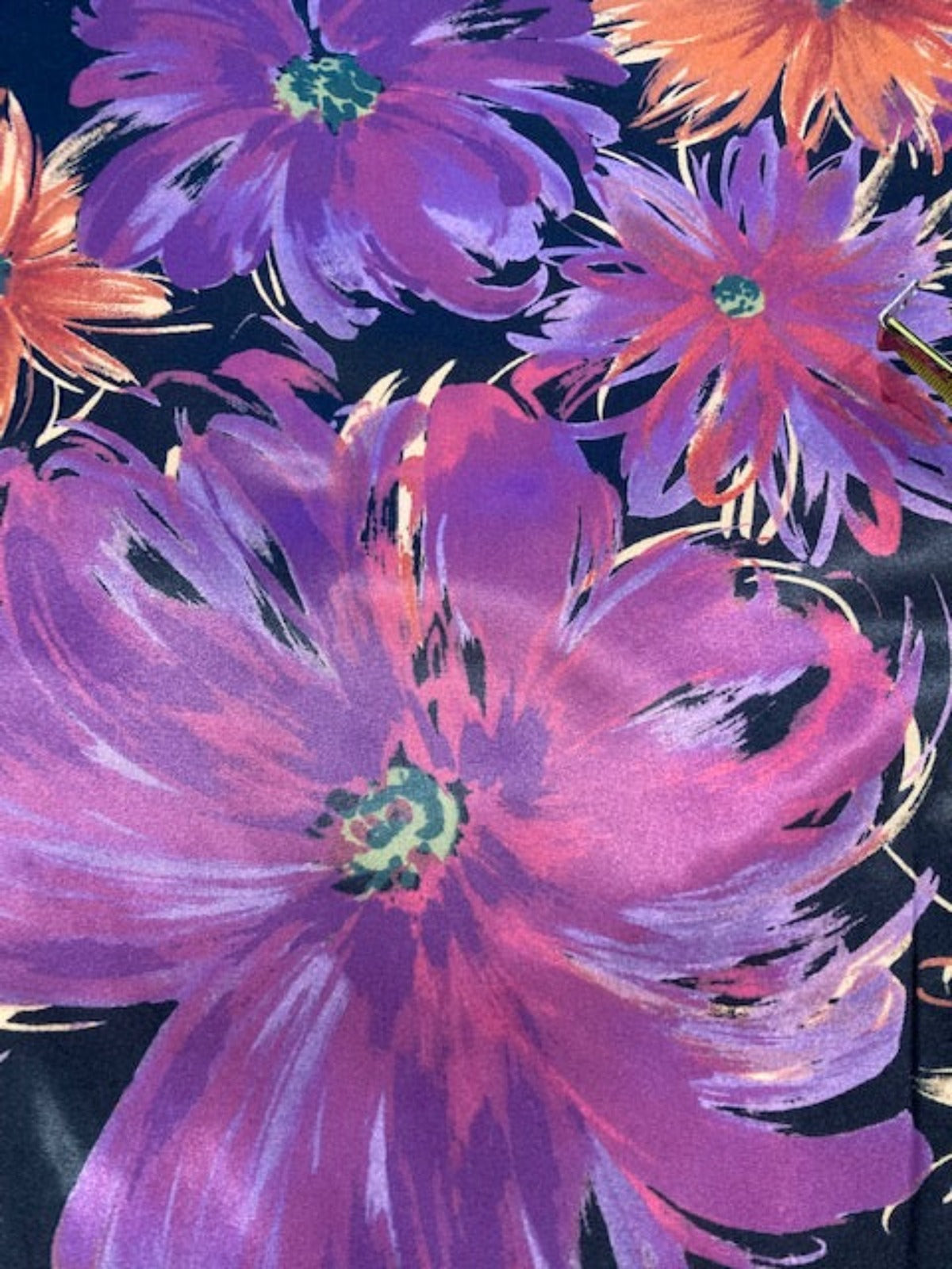Orange / Purple Flowers on Black Stretch Satin