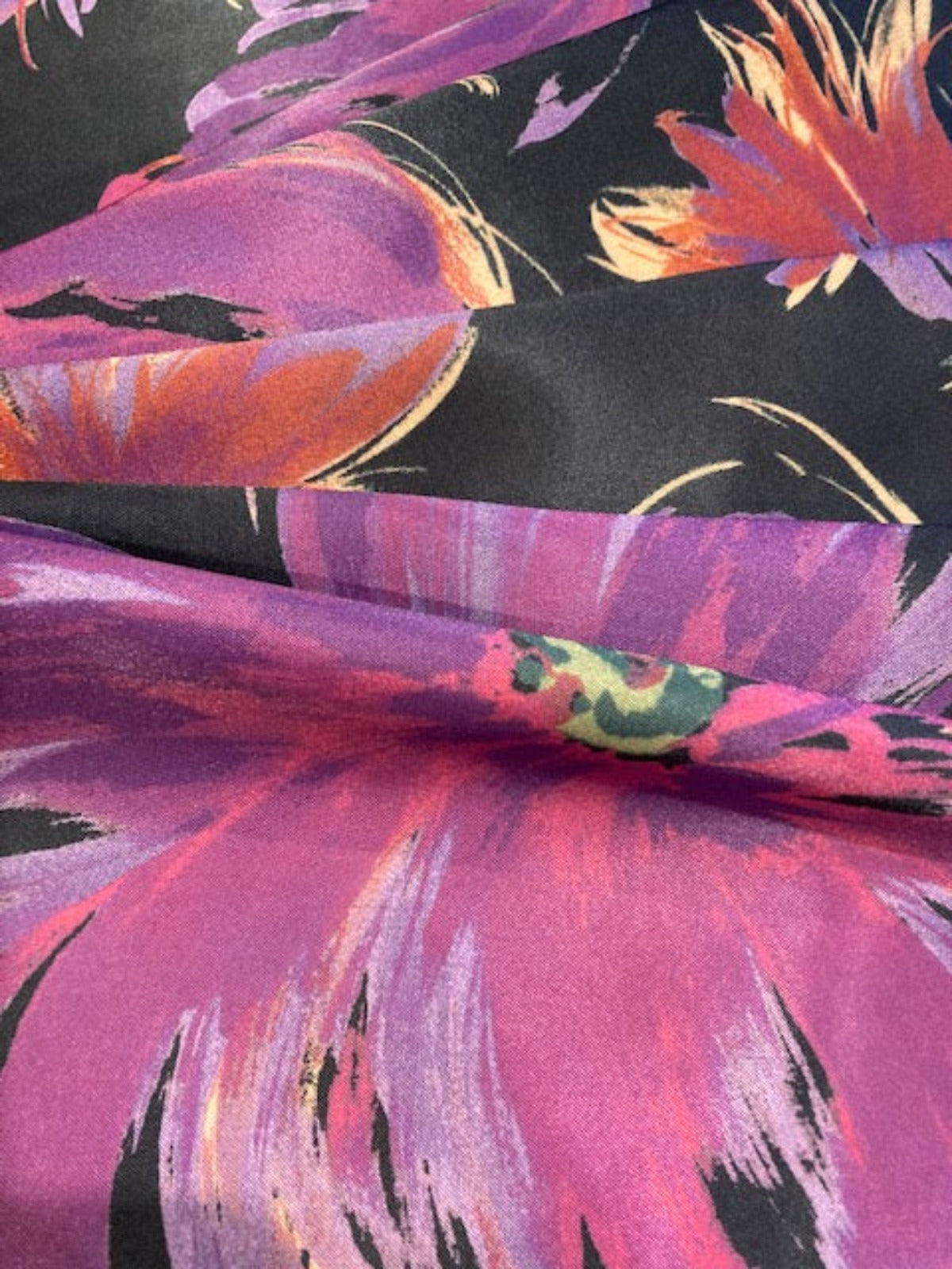 Orange / Purple Flowers on Black Stretch Satin