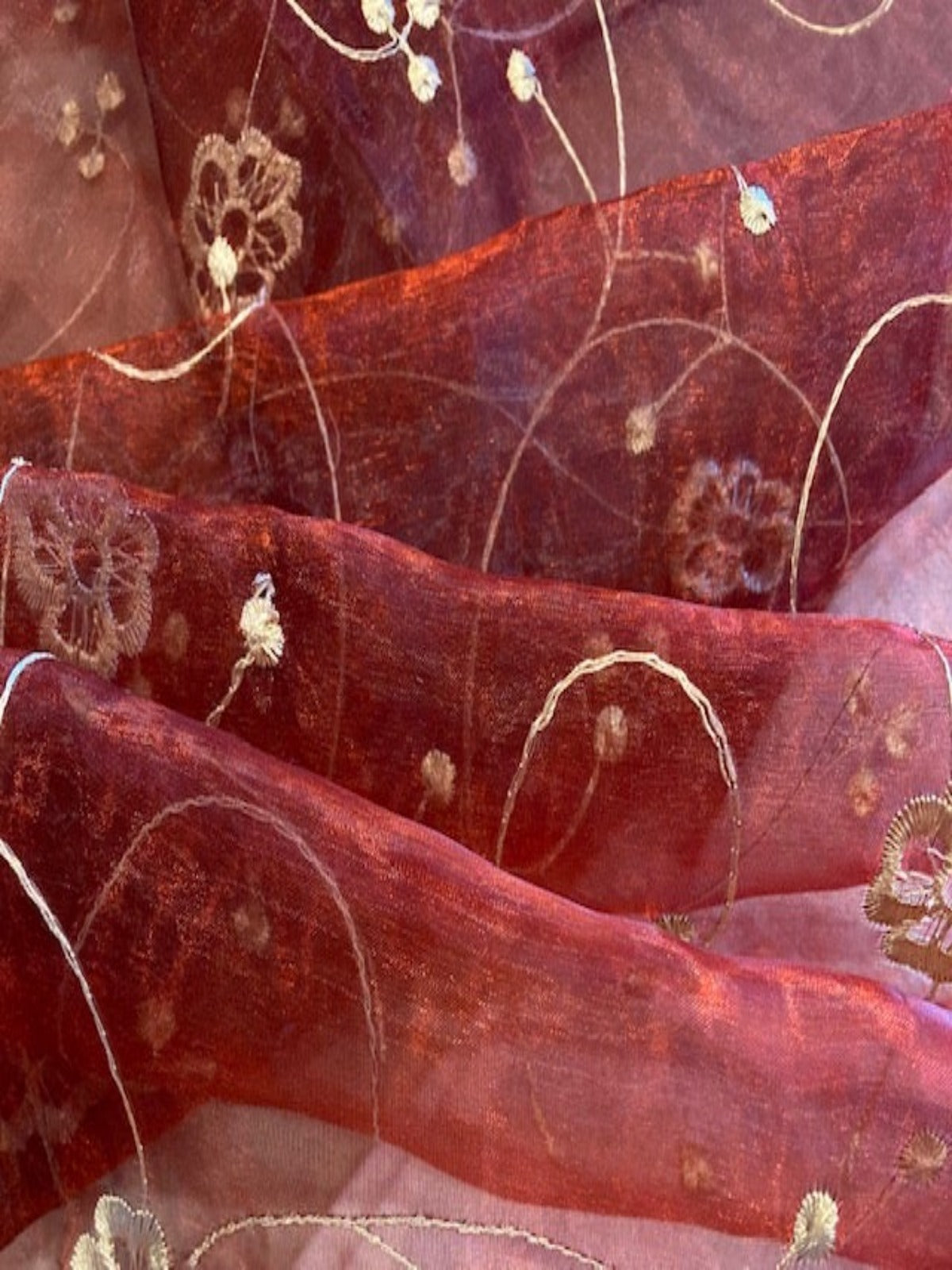 Gold Trailing Embroidery on Red/Black Irridescent Shimmer Organza