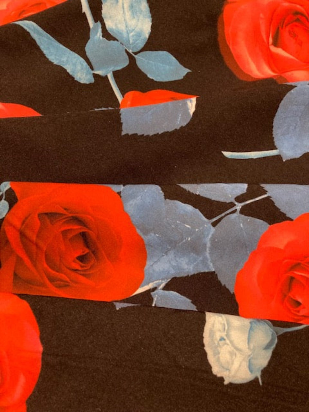 Red Roses / Blue leaves on Black Dress Weight Knit