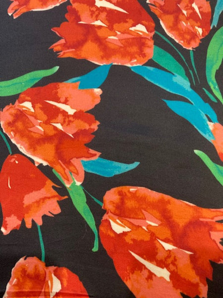 Red Flowers on Black Cotton Sateen