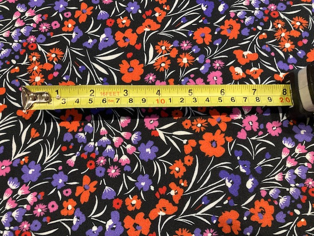Red/Violet/Orange Flowers on Black Viscose