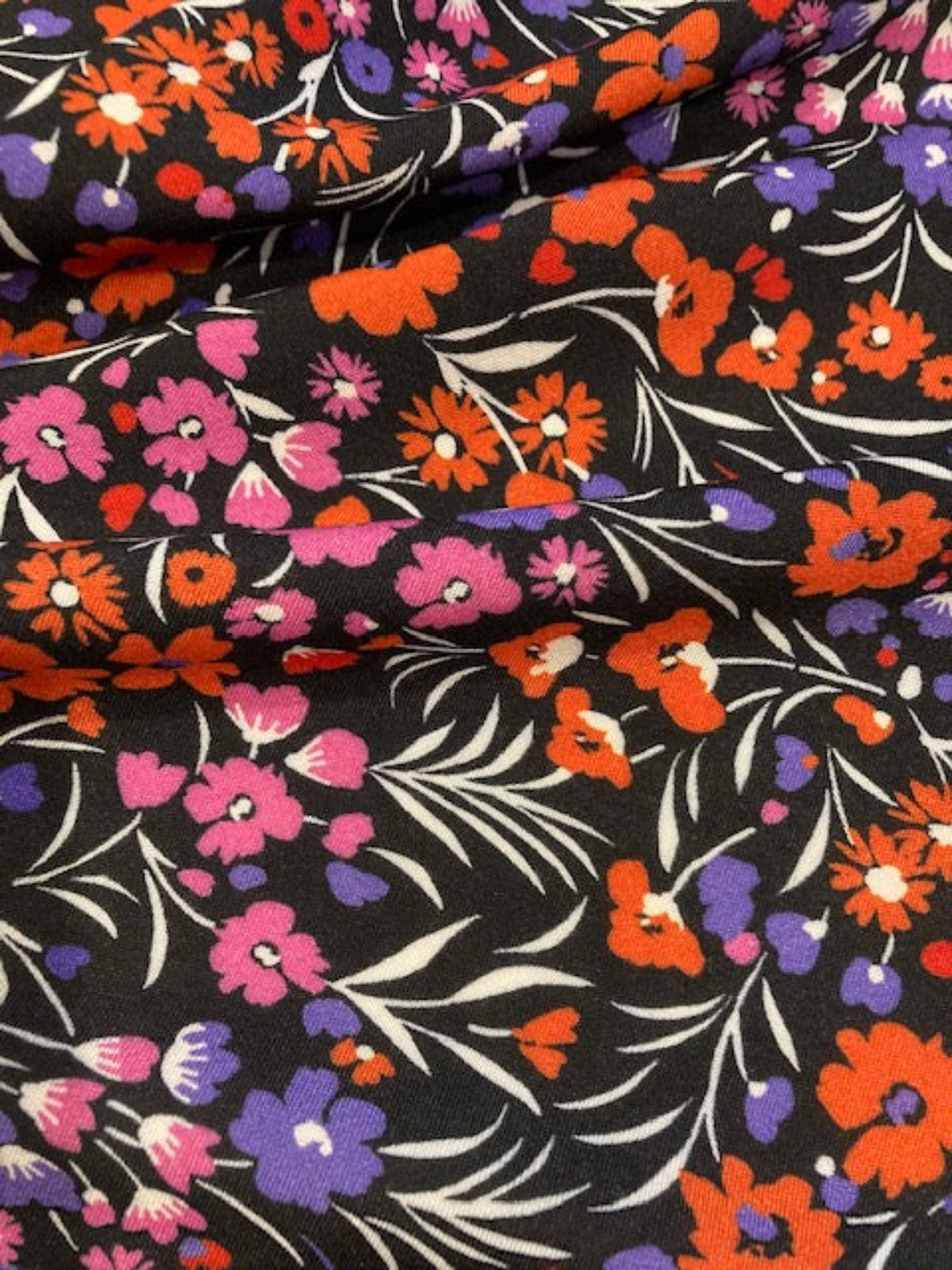 Red/Violet/Orange Flowers on Black Viscose