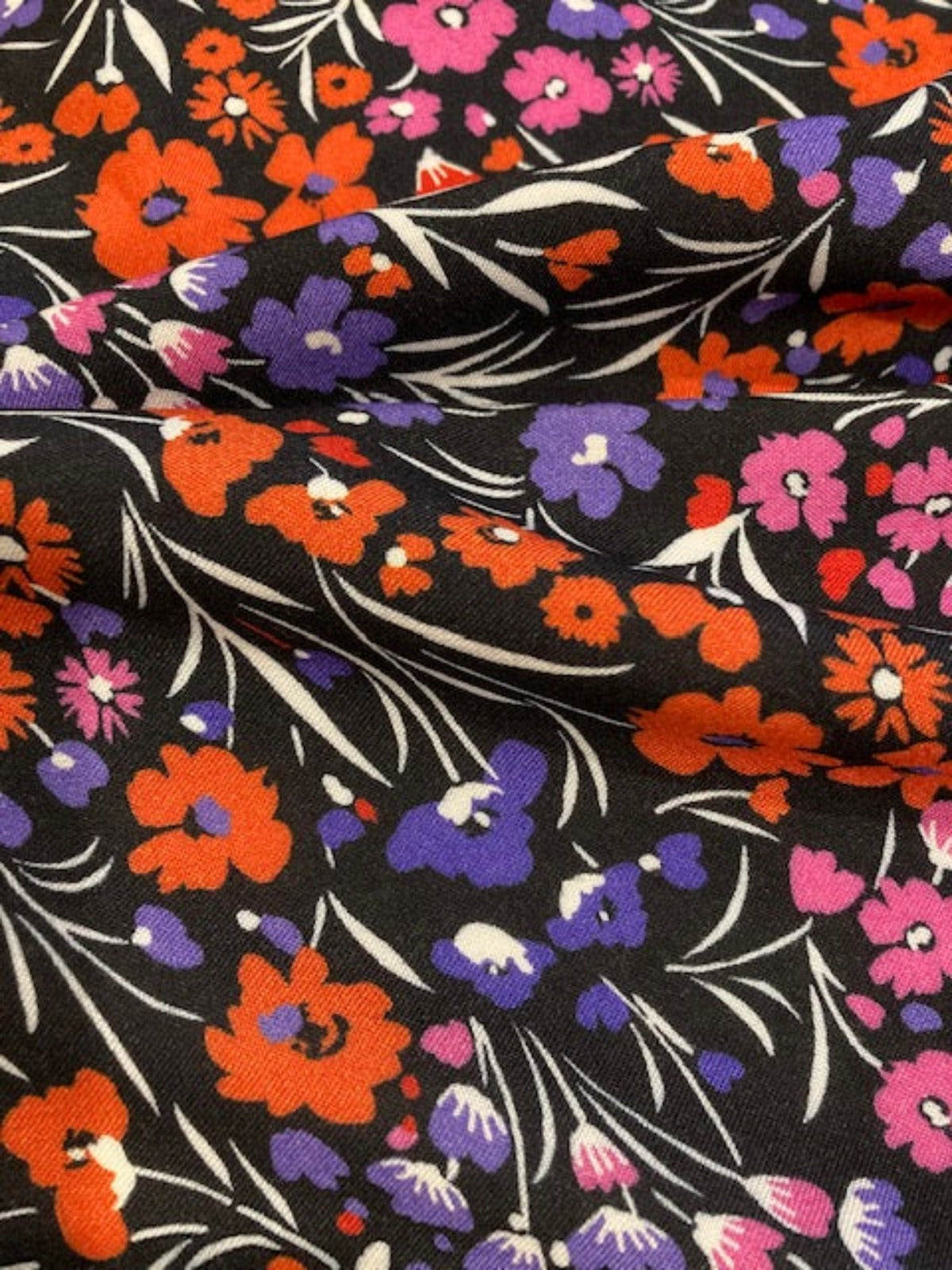 Red/Violet/Orange Flowers on Black Viscose