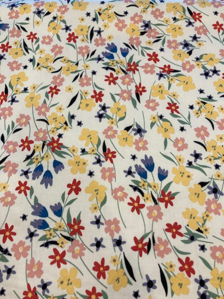 Pastel Country Meadow Flowers on White Cotton Sateen