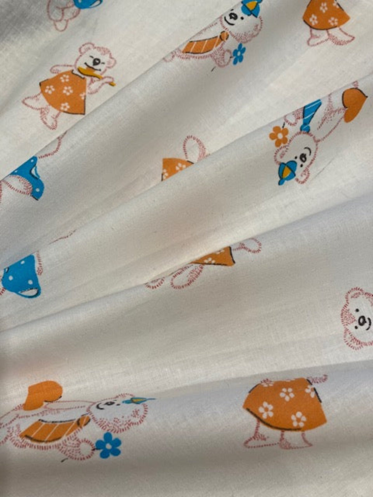 Orange & Turquoise Teddy Bears on White Cotton Lawn