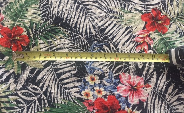 Tropical Flowers on Black Fern Print on Bubble Crepe